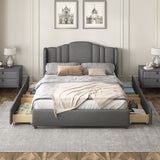 Queen Size Upholstered Platform Bed with Wingback Headboard and 4 Drawers, Grey