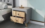 English Elm Upholstered Wooden Nightstand With 2 Drawers,Fully Assembled Except Legs and Handles,Bedside Table With Rubber Wood Leg-Gray