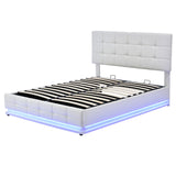 English Elm 3-Pieces Bedroom Sets,Queen Size Upholstered Bed With Led Lights,Hydraulic Storage System and Usb Charging Station, Two Nightstands With Crystal Decoration,White