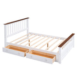 English Elm Queen Size Wood Platform Bed With Two Drawers and Wooden Slat Support,White+Walnut