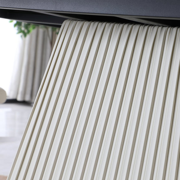 English Elm 71-Inch Sintered Stone Dining Table Carrara White Top with Striped Leather Pedestal, Heat & Stain Resistant Beige+White W509S00021