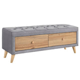 English Elm Upholstered Wooden Storage Ottoman Bench With 2 Drawers For Bedroom,Fully Assembled Except Legs and Handles,Padded Seat With Rubber Wood Leg-Gray