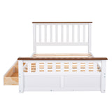 English Elm Full Size Wood Platform Bed With Two Drawers and Wooden Slat Support,White+Walnut