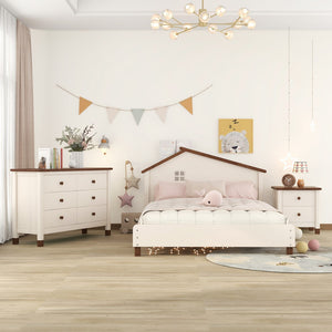 English Elm 3-Pieces Bedroom Sets Full Size Platform Bed With Nightstand and Storage Dresser,Cream+Walnut