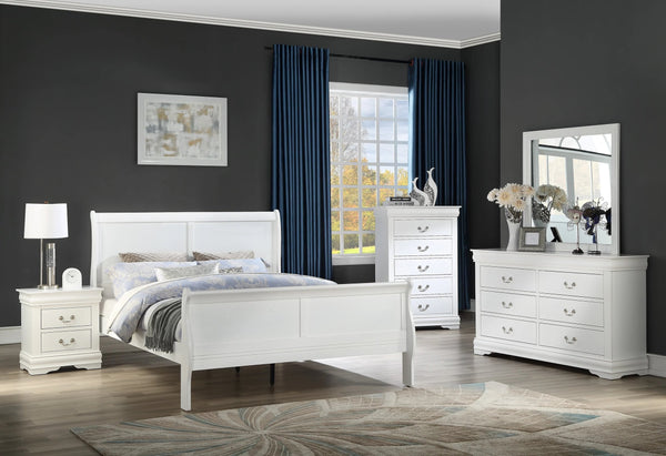 English Elm Louis Low-Profile Queen Sleigh Bed White Finish Solid Wood Panel Headboard Footboard Elegant Design B011S00289