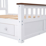 English Elm Full Size Wood Platform Bed With Two Drawers and Wooden Slat Support,White+Walnut