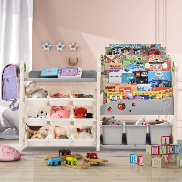 English Elm Kids Tree Shaped Hdpe Toy Organizer with 12 Bins and Open Bookshelves for Nursery PP300105AAE