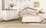 English Elm 3-Pieces Bedroom Sets Twin Size Platform Bed With Nightstand and Storage Dresser,Cream+Walnut