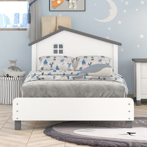 English Elm Twin Size Wood Platform Bed With House-Shaped Headboard (White+Gray)