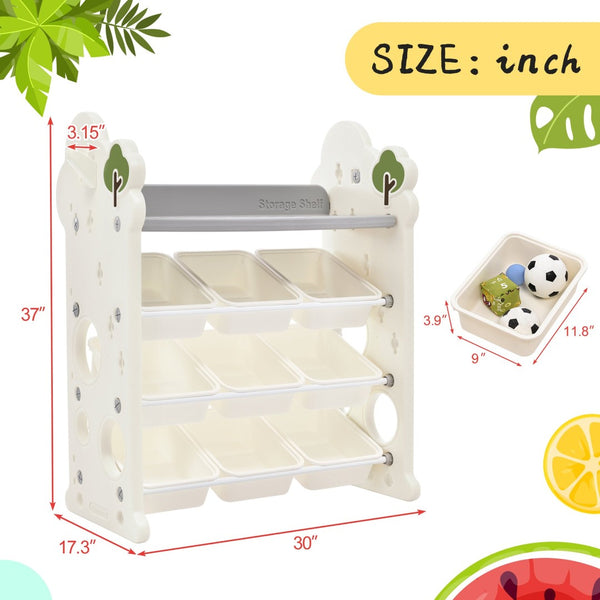 English Elm Kids Tree Shaped Hdpe Toy Organizer with 12 Bins and Open Bookshelves for Nursery PP300105AAE