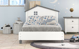 English Elm Twin Size Wood Platform Bed With House-Shaped Headboard (White+Gray)