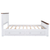 English Elm Queen Size Wood Platform Bed With Two Drawers and Wooden Slat Support,White+Walnut