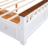 English Elm Queen Size Wood Platform Bed With Two Drawers and Wooden Slat Support,White+Walnut