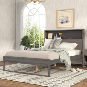 Hearth and Haven Platform Bed with Storage Headboard, Sockets and Usb Ports, Full Size Platform Bed, Antique Gray WF295302AAG