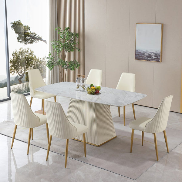 English Elm 71" Contemporary Sintered Stone Dining Set Carrara White Table with Square Pedestal + 6 Beige Leather Chairs — Stain & Heat Resistant, Food-Safe Eco-Friendly Design W509S00079