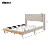 English Elm Upholstered Platform Bed With Rubber Wood Legs,No Box Spring Needed, Linen Fabric,Queen Size-Beige