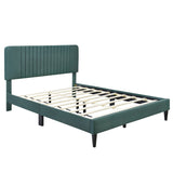 English Elm Queen Size Upholstered Platform Bed,No Box Spring Needed, Velvet Fabric,Green