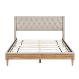 English Elm Upholstered Platform Bed With Rubber Wood Legs,No Box Spring Needed, Linen Fabric,Queen Size-Beige