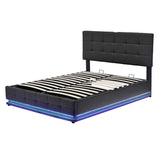 English Elm Tufted Upholstered Platform Bed With Hydraulic Storage System,Queen Size Pu Storage Bed With Led Lights and Usb Charger, Black