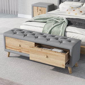 English Elm Upholstered Wooden Storage Ottoman Bench With 2 Drawers For Bedroom,Fully Assembled Except Legs and Handles,Padded Seat With Rubber Wood Leg-Gray