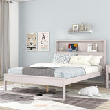 Platform Bed with Storage Headboard, Sockets and Usb Ports, Full Size Platform Bed, Antique White