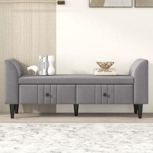 English Elm Upholstered Wooden Storage Ottoman Bench With 2 Drawers For Bedroom,Fully Assembled Except Legs and Handles,Gray