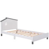 English Elm Twin Size Wood Platform Bed With House-Shaped Headboard (White+Gray)