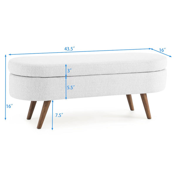 English Elm Ottoman Oval Pleated Linen Storage Bench with Rubberwood Legs for Bedroom Entryway W48764885