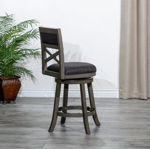 English Elm 30" X-Back Swivel Stool Bar Height - Weathered Gray Hardwood Frame, Charcoal Padded Seat & Footrest Protection B04660723