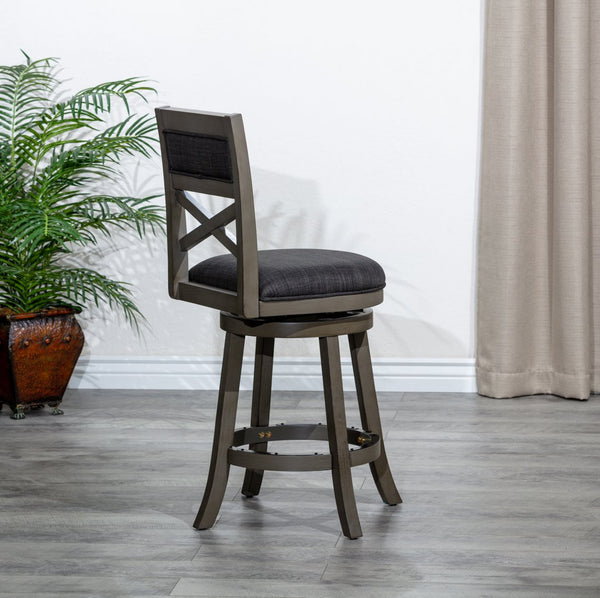 English Elm 30" X-Back Swivel Stool Bar Height - Weathered Gray Hardwood Frame, Charcoal Padded Seat & Footrest Protection B04660723