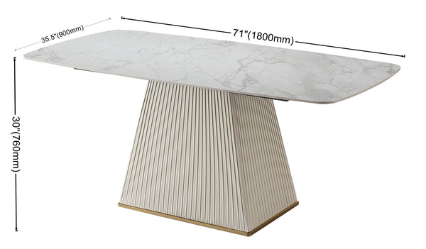 English Elm 71-Inch Sintered Stone Dining Table Carrara White Top with Striped Leather Pedestal, Heat & Stain Resistant Beige+White W509S00021