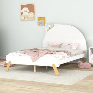 Hearth and Haven Wooden Cute Platform Bed with Curved Headboard , Full Size Bed with Shelf Behind Headboard, White WF295687AAK