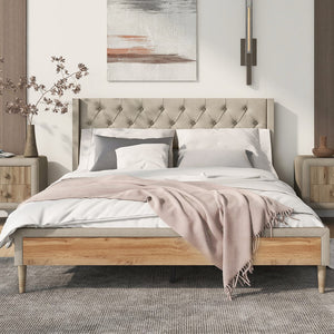 English Elm Upholstered Platform Bed With Rubber Wood Legs,No Box Spring Needed, Linen Fabric,Queen Size-Beige