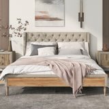 English Elm Upholstered Platform Bed With Rubber Wood Legs,No Box Spring Needed, Linen Fabric,Queen Size-Beige