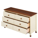 English Elm Wooden Storage Dresser With 6 Drawers,Storage Cabinet For Kids Bedroom,Cream+Walnut