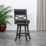 English Elm 24" Counter Height X-Back Swivel Stool, Weathered Gray Finish, Charcoal Fabric Seat