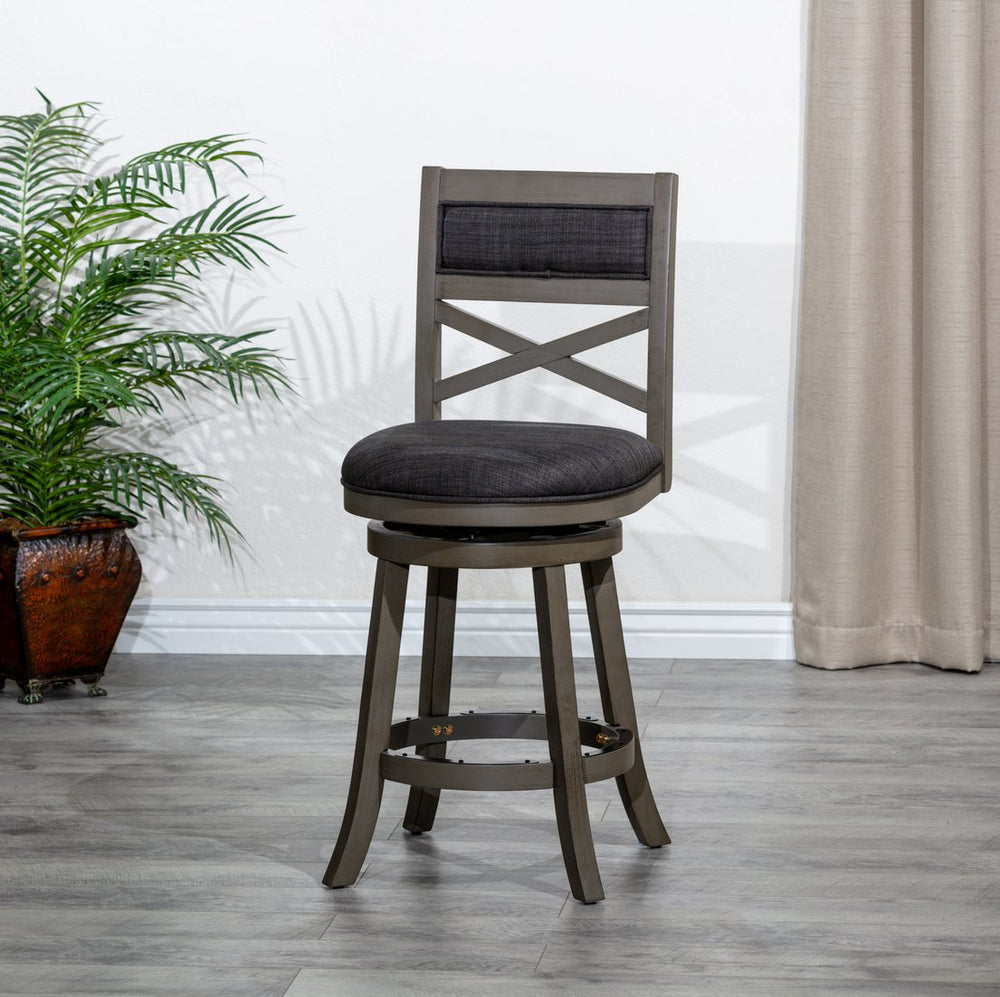 English Elm 24" Counter Height X-Back Swivel Stool - Weathered Gray, Charcoal Fabric & Stylish Comfort For Bars B04660722