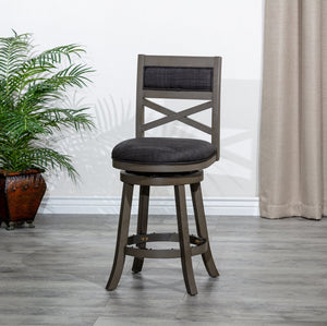 English Elm 30" X-Back Swivel Stool Bar Height - Weathered Gray Hardwood Frame, Charcoal Padded Seat & Footrest Protection B04660723