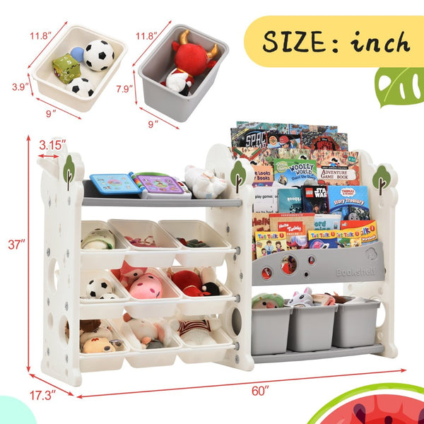 English Elm Kids Tree Shaped Hdpe Toy Organizer with 12 Bins and Open Bookshelves for Nursery PP300105AAE