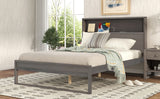 English Elm Platform Bed With Storage Headboard,Sockets and Usb Ports,Full Size Platform Bed,Antique Gray