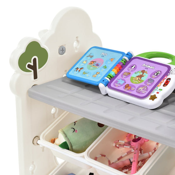 English Elm Kids Tree Shaped Hdpe Toy Organizer with 12 Bins and Open Bookshelves for Nursery PP300105AAE