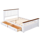 English Elm Full Size Wood Platform Bed With Two Drawers and Wooden Slat Support,White+Walnut