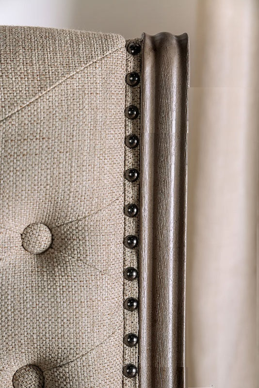 English Elm Natural Rustic Tone Beige Fabric Dining Chairs Set of 2 — Button Tufted Backs, Nailhead Trim, Solid Wood B01181961