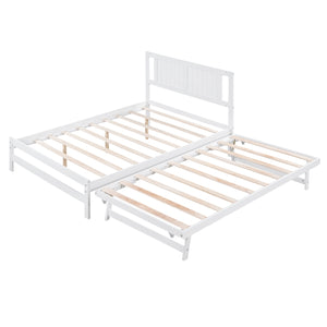 English Elm Full Full Size Platform Bed with Adjustable Trundle, Solid Pine & MDF, 10 Slats, Sturdy 600lb Capacity White WF299727AAK