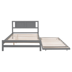 English Elm Full Full Size Platform Bed with Adjustable Trundle, Solid Pine & MDF, 10 Slats, Sturdy 600lb Capacity Gray WF299727AAE