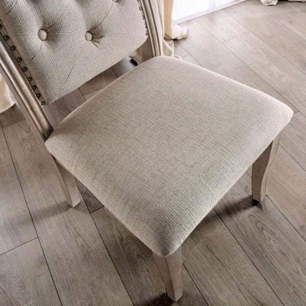 English Elm Natural Rustic Tone Beige Fabric Dining Chairs Set of 2 — Button Tufted Backs, Nailhead Trim, Solid Wood B01181961