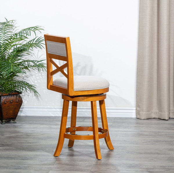 English Elm 30" Bar Height X-Back Swivel Stool - Classic Design, Beige Padded Seat, Durable Hardwood Frame B04660717