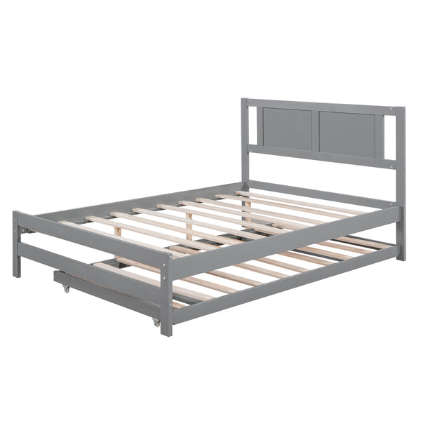 English Elm Full Full Size Platform Bed with Adjustable Trundle, Solid Pine & MDF, 10 Slats, Sturdy 600lb Capacity Gray WF299727AAE