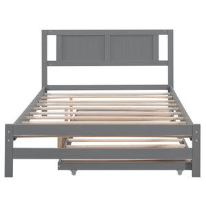 English Elm Full Full Size Platform Bed with Adjustable Trundle, Solid Pine & MDF, 10 Slats, Sturdy 600lb Capacity Gray WF299727AAE