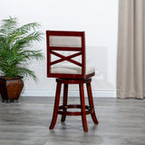 English Elm 24" Counter Height X-Back Swivel Stool, Cherry Finish, Beige Fabric Seat